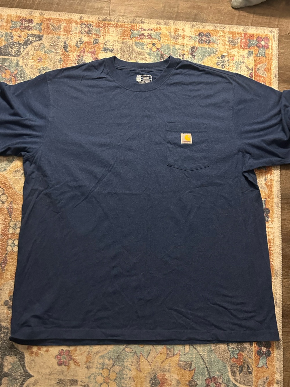 Carhartt Navy Blue Pocket T-Shirt with Tan Logo Patch